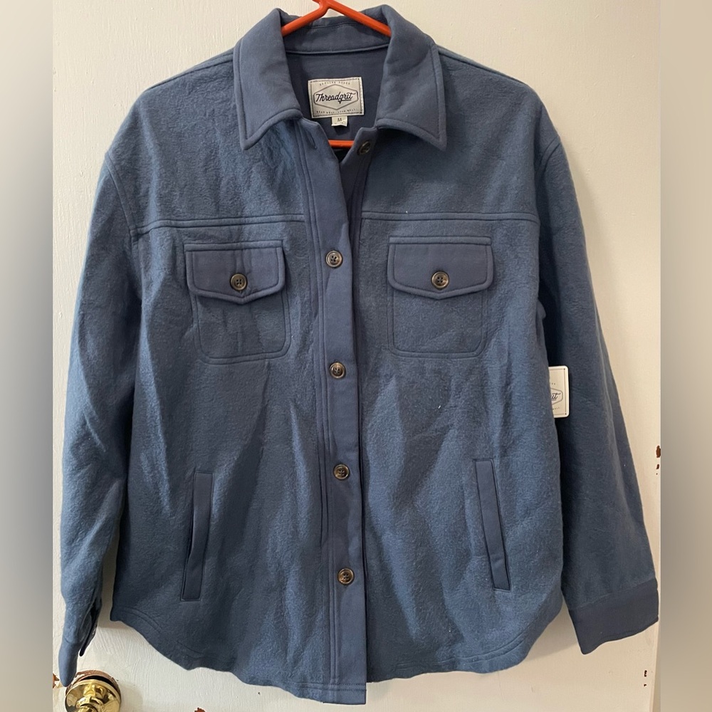 Threadgrit Women’s Dark Blue Button-Up Jacket Coat Front Pockets Size Medium NWT